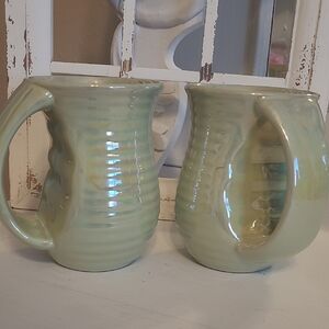 Set of Two Iridescent Green Ceramic Mugs. Large Size Holds 16 Oz.